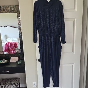 Navy Textured Long-Sleeve Leopard Print  Jumpsuit